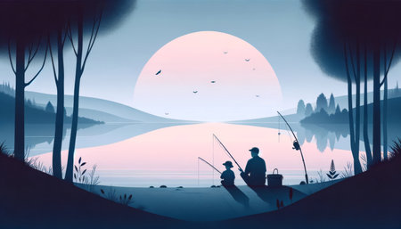 A father and son share a bonding experience while fishing on a serene lake, surrounded by the beauty of a misty dawn, as wildlife stirs around themの素材