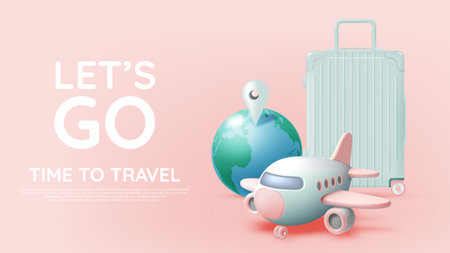 This travel-themed background showcases stylish essentials including a pastel suitcase, toy airplane, and passport, inviting a spirit of adventure.のイラスト素材