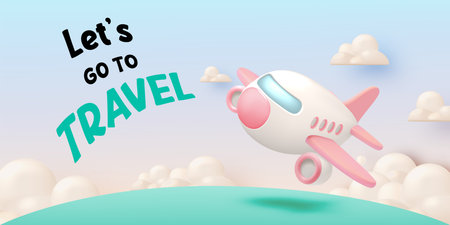 Cute Airplane flying in the sky 3d art with beautiful background vector illustrationのイラスト素材