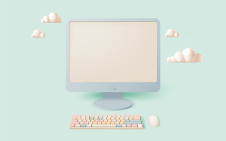 A minimalist computer setup featuring a pastel-colored keyboard, mouse, and monitor surrounded by floating cloud decorations, all set against a soft mint green background. Ideal for tech enthusiasts and creative workspacesのイラスト素材