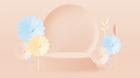 A charming display of large paper flowers in shades of blue, yellow, and pink, arranged artistically against a warm, pastel-colored circular backdrop.のイラスト素材