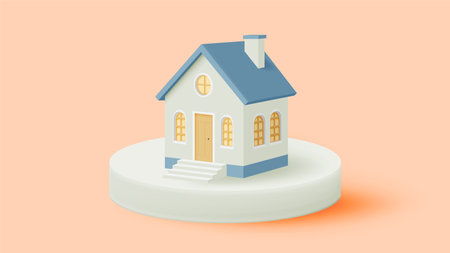 A simple and elegant illustration of a small house with a blue roof, set on a round pedestal. The image uses soft pastel colors, creating a calm and welcoming atmosphere, ideal for concepts related to home and comfort.のイラスト素材