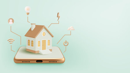A 3D illustration depicting a smart home setup, featuring a mobile phone with a power button, a house, and various smart technology icons like Wi-Fi, electricity, and user profile. The image is set against a soft pink background, representing modern home automation and connectivity.のイラスト素材