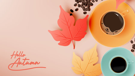 A warm autumn-themed illustration featuring coffee cups, scattered coffee beans, and colorful leaves...