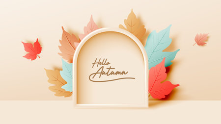 A 3D illustration of autumn leaves in soft pastel shades of teal, orange, and pink, layered artistically against a matching soft peach background. The image exudes a calm and serene autumnal atmosphere.のイラスト素材