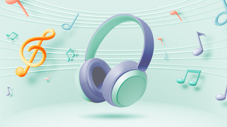 A vibrant illustration featuring a pair of floating headphones surrounded by colorful musical notes on a soft green background, capturing the essence of a dynamic and immersive musのイラスト素材