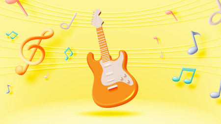A creative illustration of a floating orange electric guitar surrounded by vibrant musical notes and a treble clef, set against a bright yellow background, evoking a lively musical atmosphere.のイラスト素材