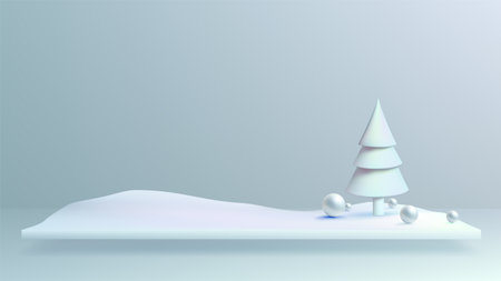 A serene 3D winter landscape with a simple Christmas tree and scattered ornaments. The subtle pastel colors and clean design create a peaceful and modern holiday atmosphere, perfect for festive designs or decor.のイラスト素材