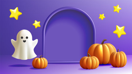 A fun and colorful Halloween scene featuring a happy ghost, glowing yellow stars, and pumpkins arranged against a vibrant purple backdrop. The design evokes a festive and cheerful Halloween atmosphereのイラスト素材
