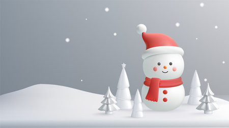 A jolly snowman wearing a red hat and scarf, surrounded by silver trees in a peaceful snowy landscape. Ideal for holiday-themed designs and festive greetings.のイラスト素材