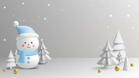 A friendly snowman in a blue hat and scarf stands amid white Christmas trees, with golden ornaments and gentle snowflakes falling. Perfect for festive and seasonal winter designs.のイラスト素材