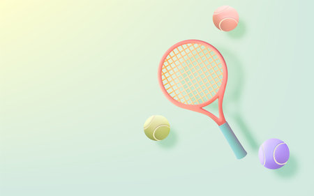 A vibrant tennis racket and multiple colored tennis balls arranged on a soft pastel background, creating a light and playful sports-themed image suitable for fitness and tennis concepts.のイラスト素材