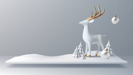 A graceful white deer with golden antlers stands among minimalist pine trees and a holiday ornament, evoking a peaceful winter holiday scene.のイラスト素材