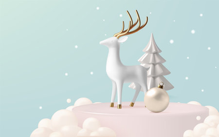 A serene winter scene featuring a white reindeer with golden antlers, surrounded by snow-covered trees and golden baubles, evoking festive elegance and holiday spirit.のイラスト素材