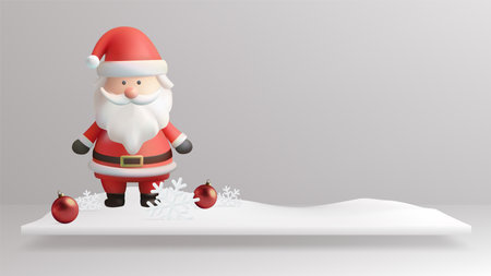 A cheerful Santa Claus stands among snowy trees and ornaments on a pastel winter background, spreading holiday joy and festive cheer.のイラスト素材