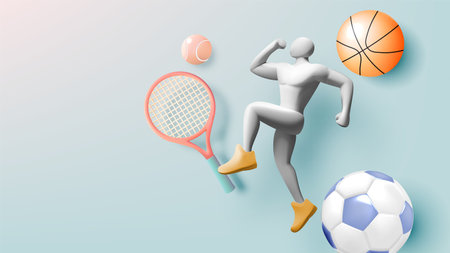 3D illustration of a flexing figure with sports equipment, including a soccer ball, basketball, tennis racket, and tennis ball, symbolizing athleticism and active lifestyle.のイラスト素材