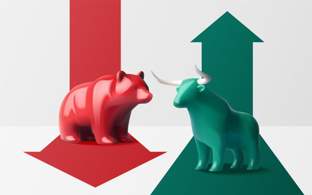 A 3D illustration showing a green bull and red bear on rising and falling platforms, symbolizing stock market trendsのイラスト素材