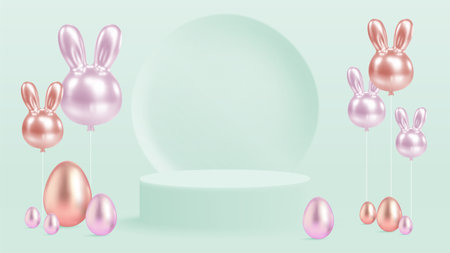 A cheerful Easter design featuring a pink bunny-shaped balloon floating among soft clouds in a pastel sky.のイラスト素材