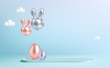 A cheerful Easter design featuring a pink bunny-shaped balloon floating among soft clouds in a pastel sky.のイラスト素材