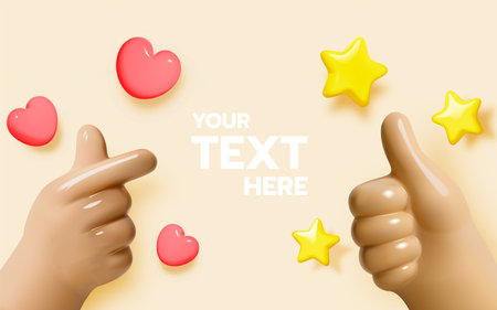 A 3D illustration of two hands making finger mini heart and thumbs-up gestures, surrounded by cute hearts and bright stars.のイラスト素材