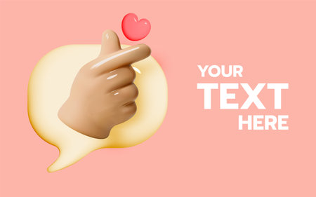 A cute 3D hand gesture forming a Korean finger heart surrounded by pink hearts and clouds on a pastel background.のイラスト素材