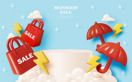 Catch the monsoon flash sale with bold 3D shopping visuals, lightning, raindrops, and discount offers.のイラスト素材