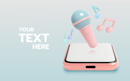 Cute pastel-colored microphone emerging from a smartphone, surrounded by floating music notes in a 3D cartoon style.のイラスト素材