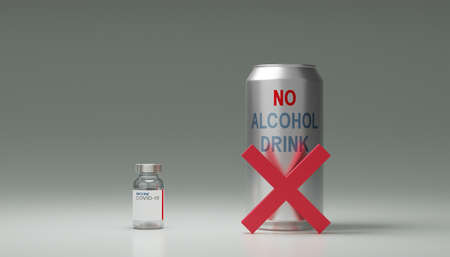Vaccine dose bottle and No Alcohol drink can warning , Isolation background , Coronavirus , Covid-19 , 3D Renderの写真素材