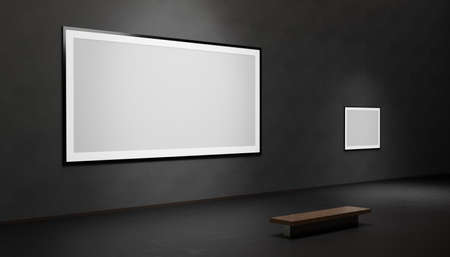 3D Render Art Gallery, Photo Frame, Hall of Frames, A big frame and a small frameの写真素材