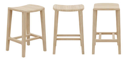 Modern stool isolated on white background. Modern wooden object. Front view, Side view, Isometric view. Furniture Elementの写真素材