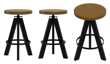 Loft Black stool isolated on white background. Modern wooden object. Front, Side, Isometric view. Furniture Elementの写真素材