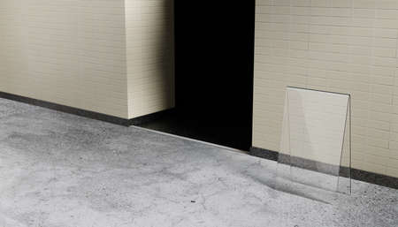 3D Empty Acrylic Signage in front of entrance. Standee sign. Concrete floorの写真素材