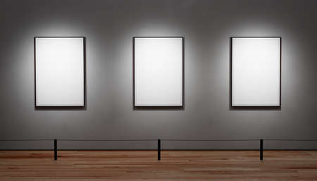 3D Art gallery museum. Empty Photo Frames with black color. Gray wall background. Wooden Floor. Cable barrierの写真素材