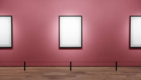 3D Art gallery museum. Empty Photo Frames with black color. Pink wall background. Wooden Floor. Cable barrierの写真素材