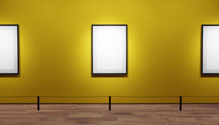 3D Art gallery museum. Empty Photo Frames with black color. Yellow wall background. Wooden Floor. Cable barrierの写真素材