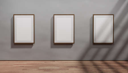3D Art gallery museum. Empty Wooden Photo Frames. Yellow wall background. Wooden Floor. Outdoor.の写真素材