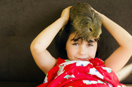 A cheeky girl with a guinea pig sitting on her headの写真素材