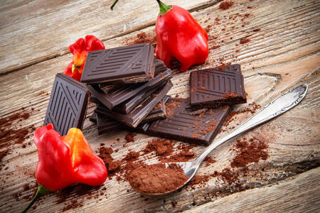 Broken dark chocolate and peppersの写真素材