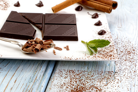 Dark chocolate on white plate