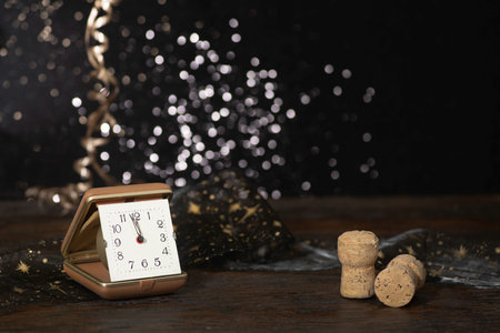Alarm clock and champagne cork on wooden table. Christmas conceptの写真素材