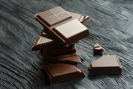 Pieces of chocolate on wooden table, closeup. Chocolate barの写真素材