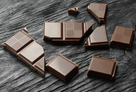 Pieces of chocolate on wooden table, closeup.の写真素材