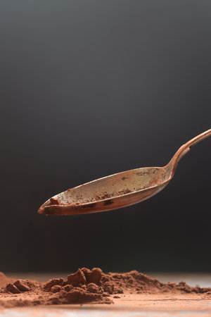 Spoon of cocoa powder on a dark background, shallow depth of fieldの写真素材