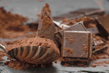Broken chocolate bar and spoon with cocoa powder on grey table, closeup
