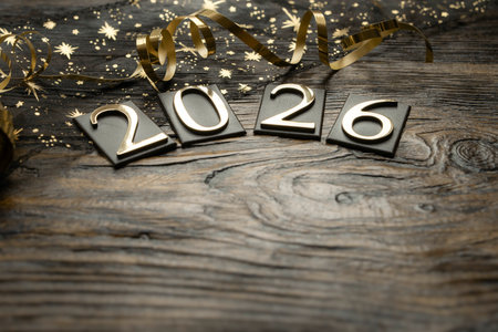 New Year 2016 with golden confetti on rustic wooden background.の写真素材