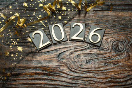 New Year on wooden background. Top view. Copy space.