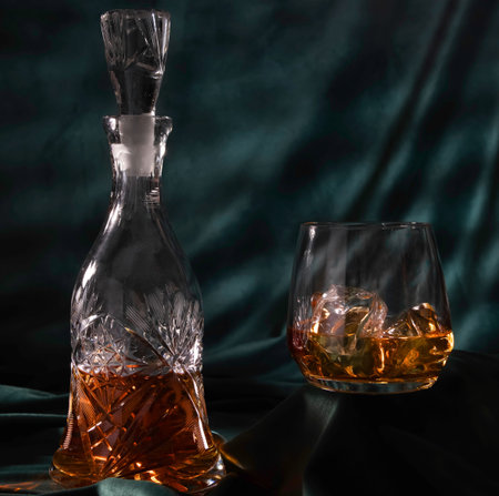 Cognac or brandy bottle and glass on a dark background