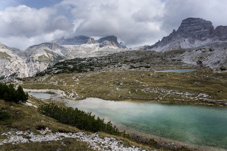 Lake close to the three peaks in Dolomiti mountainsの写真素材