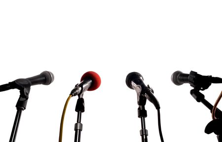 Press Conference (Row Of Microphones Waiting For A Speaker)の写真素材