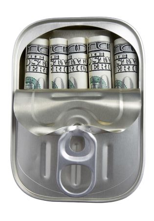 close up of money in can on white background